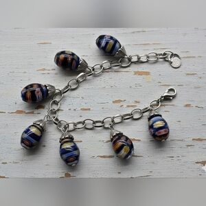 Silver Charm Bracelet Blue Floral Handmade Millefiori Art Glass Bead Charms